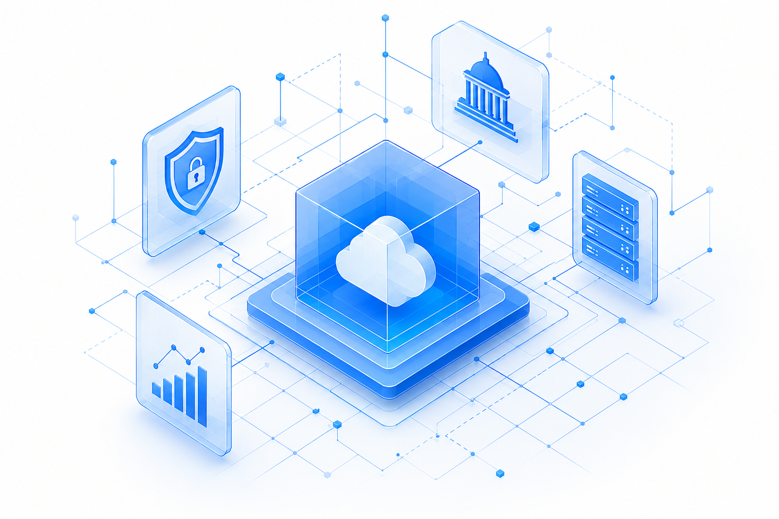 Secure cloud infrastructure connecting cybersecurity, government, servers, and analytics